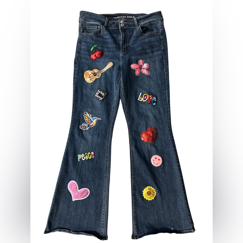 American Eagle Patched Flare Jeans. Size 16. 36" Waist 11" Rise 30" Inseam